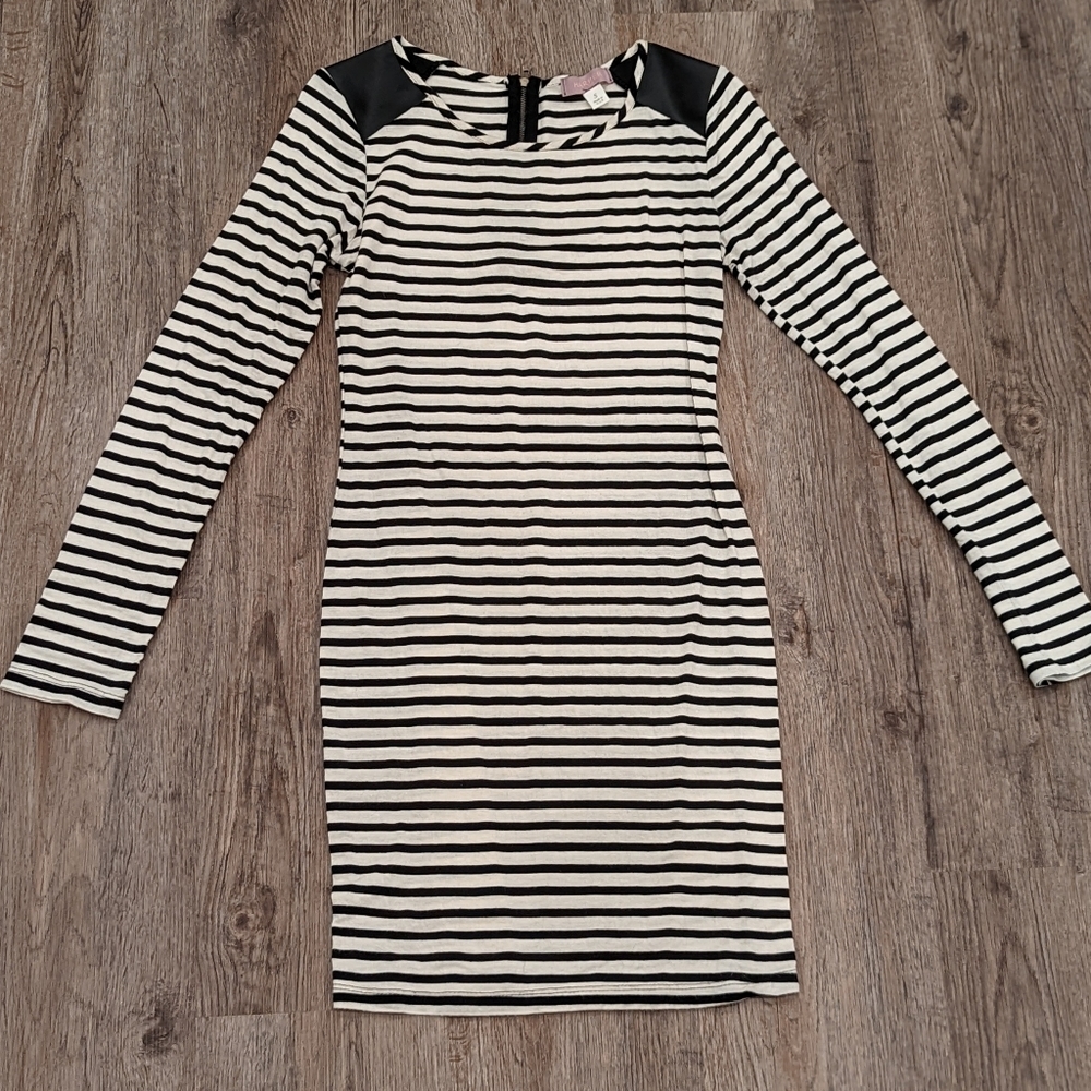 Harper Striped Fitted Dress with Leather Shoulders